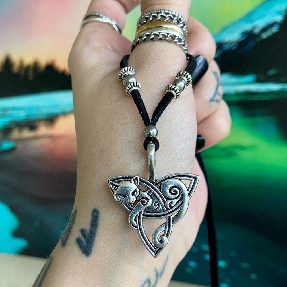 Celtic knot cat fox charm on black adjustable cord